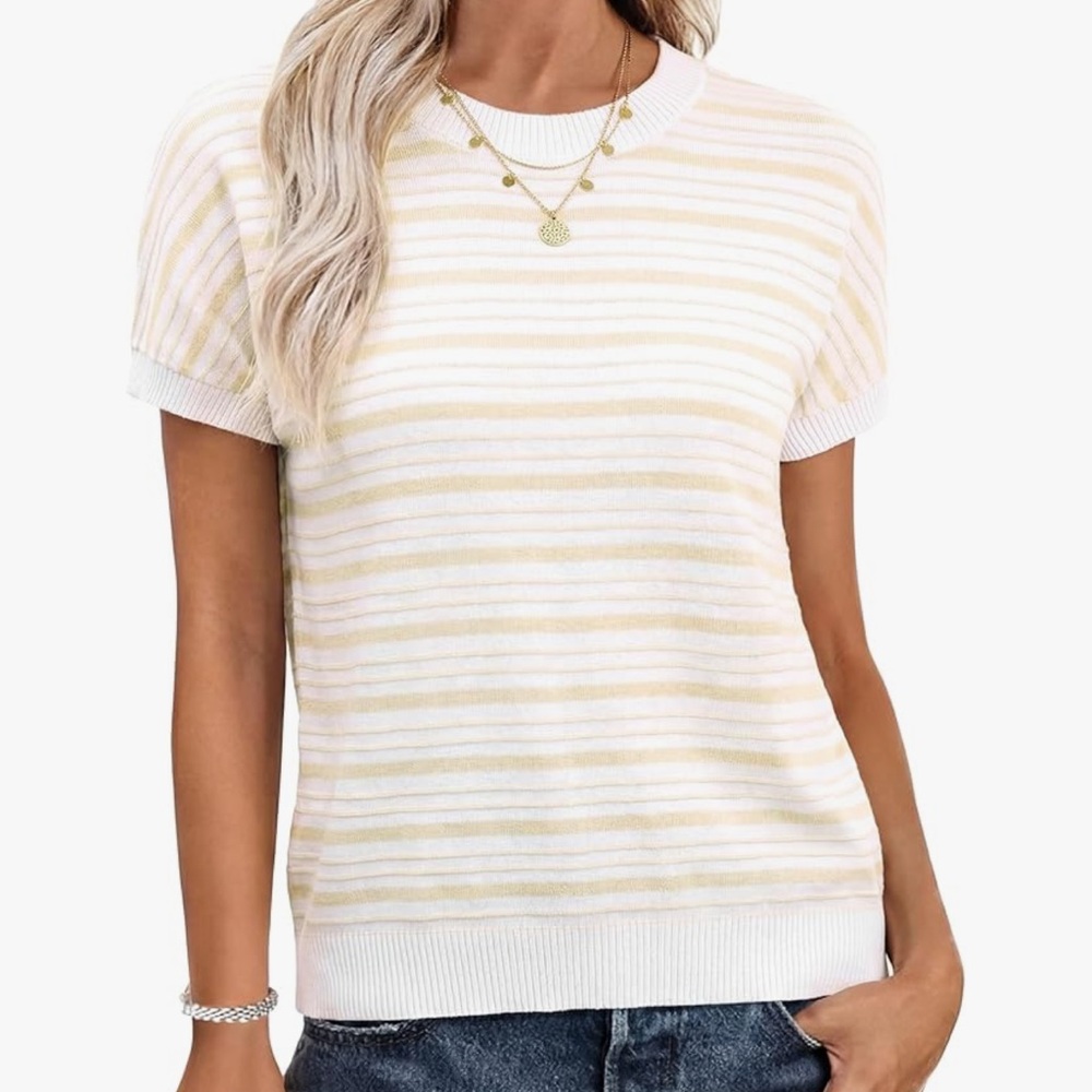 Chic Nation Cream and White Striped Short Sleeve Sweater